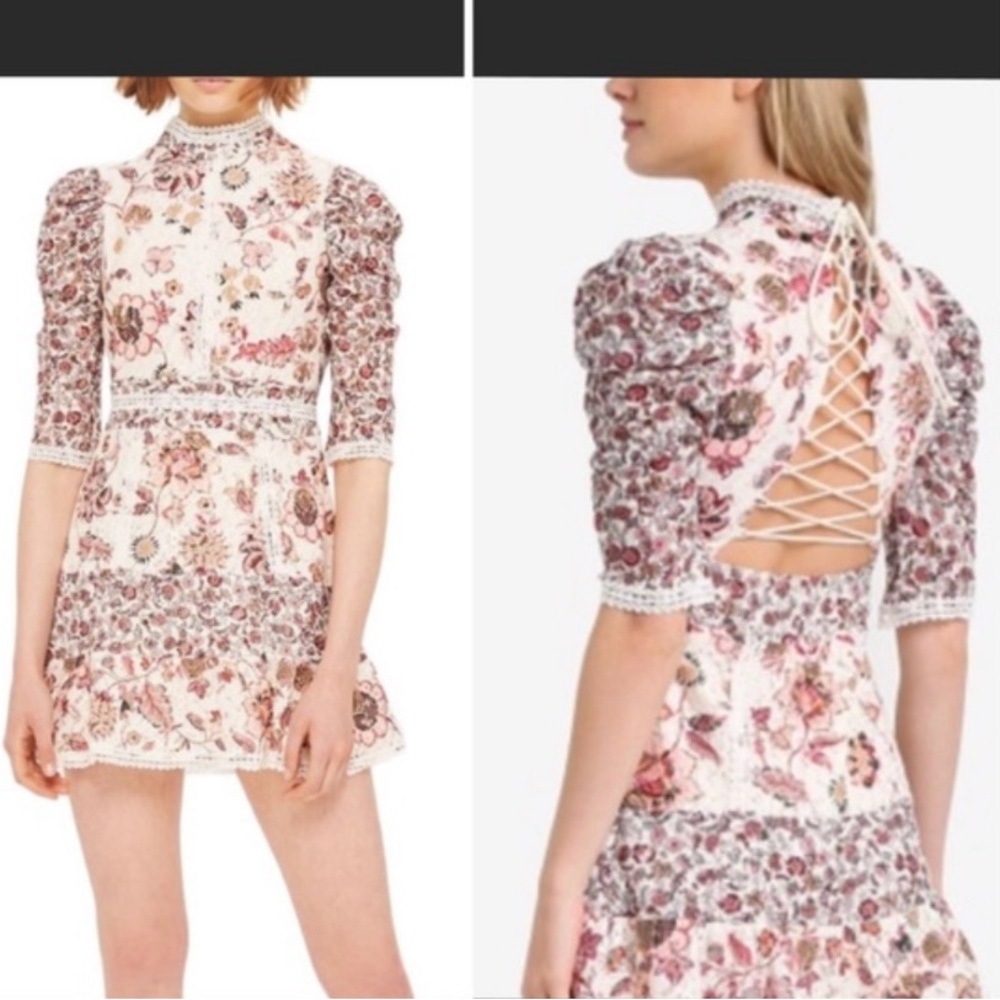 AKIRA Pink and Red Backless Sundress with Puff Sleeves